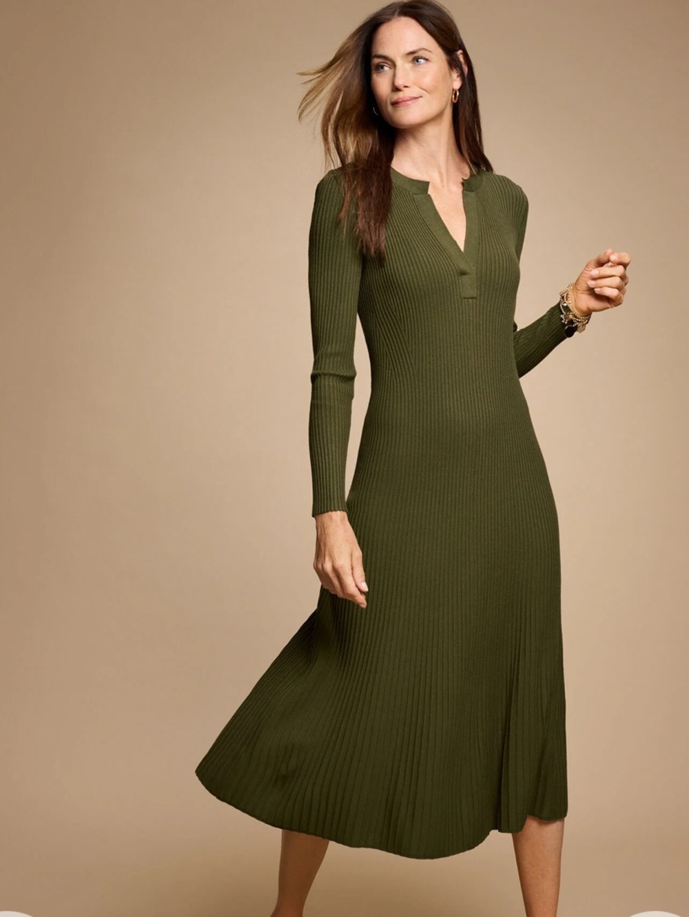 Talbots Fit & Flare Ribbed Long Sleeve Midi Dress -‎ Olive Size L